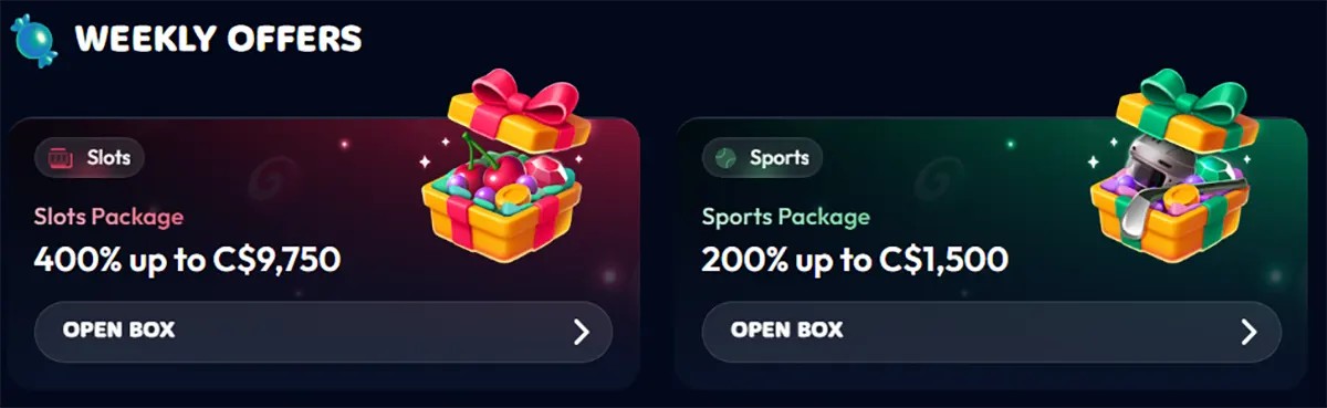 Weekly offers section featuring a slots package of 400% up to C$9,750 and a sports package of 200% up to C$1,500, both shown as gift-box promotions with “Open Box” buttons on a dark blue interface.