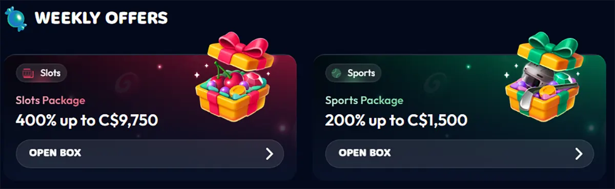 Weekly offers section featuring a slots package of 400% up to C$9,750 and a sports package of 200% up to C$1,500, both shown as gift-box promotions with “Open Box” buttons on a dark blue interface.