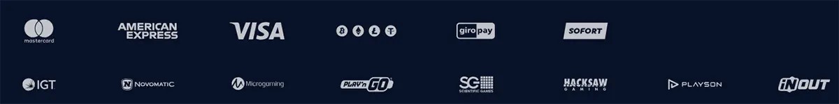 Dark blue footer row with payment and provider logos including Mastercard, American Express, Visa, crypto icons, Giropay, Sofort, IGT, Novomatic, Microgaming, Play’n GO, Scientific Games, Hacksaw Gaming, Playson, and InOut.