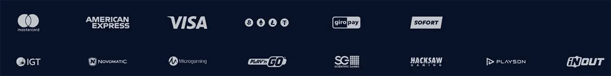 Dark blue footer row with payment and provider logos including Mastercard, American Express, Visa, crypto icons, Giropay, Sofort, IGT, Novomatic, Microgaming, Play’n GO, Scientific Games, Hacksaw Gaming, Playson, and InOut.
