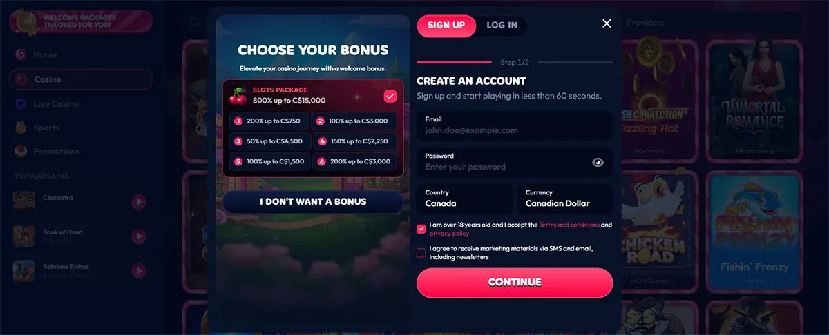 Casino sign-up popup with bonus package selection, account creation fields, country and currency options, consent checkboxes, and a pink “Continue” button on a dark neon-themed casino interface.