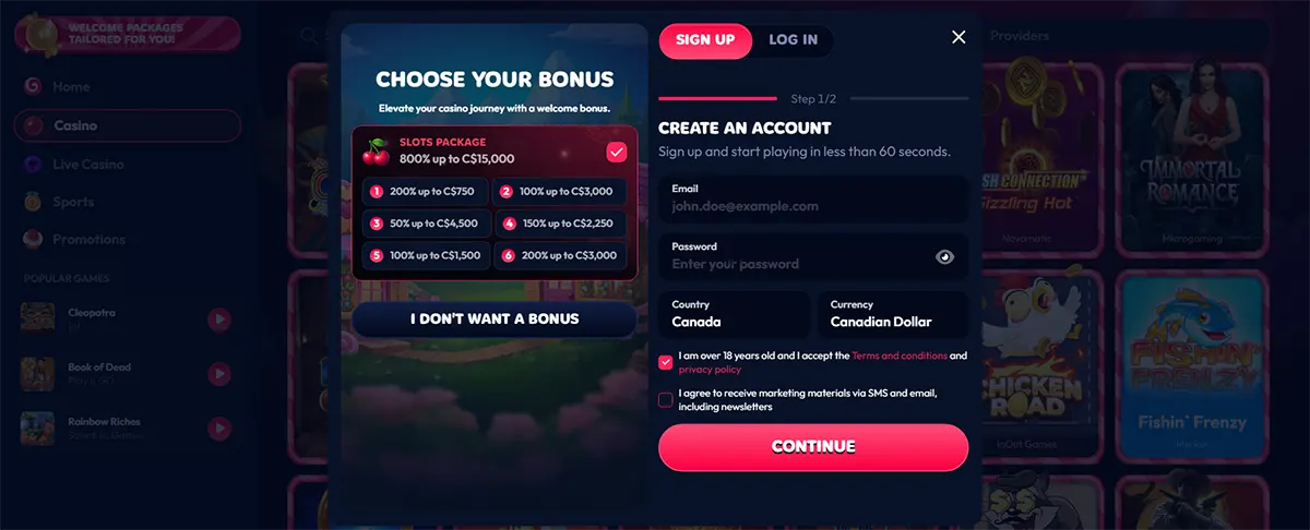 Casino sign-up popup with bonus package selection, account creation fields, country and currency options, consent checkboxes, and a pink “Continue” button on a dark neon-themed casino interface.